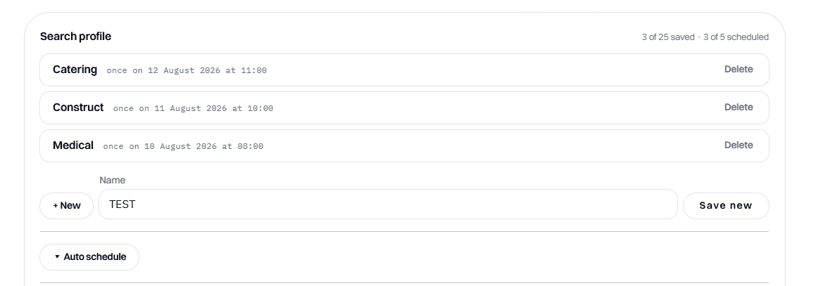 The Search profile card: three saved search profiles with their next run times and a Delete link each, a Name field with New and Save buttons, and a collapsed Auto schedule disclosure