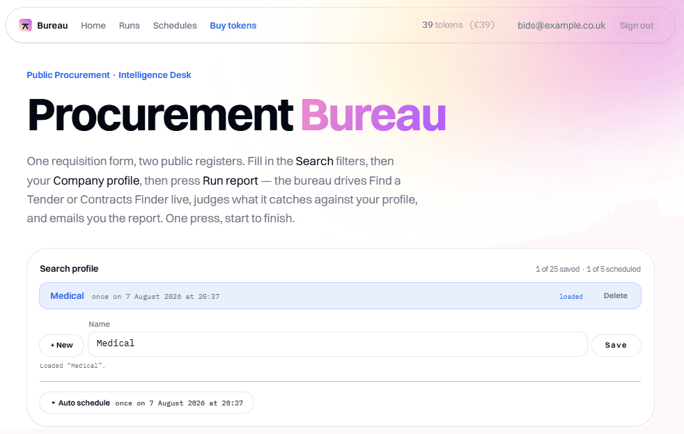 The bureau workspace: a masthead with the token balance, and a Search profile card holding a saved search profile called Medical
